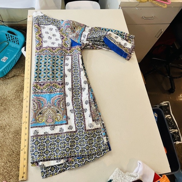 Womens Chico's 12/14 Patchwork Linen Duster Jacket Open Front 3/4 Sleeves - Picture 8 of 8